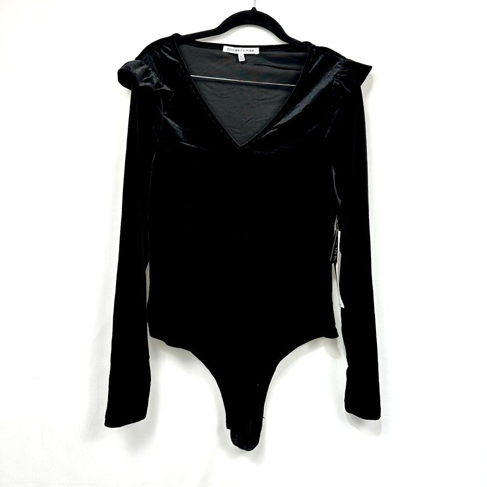 Celebrity Pink Women's Black Velvet Bodysuit Long Sleeve Size XL NEW